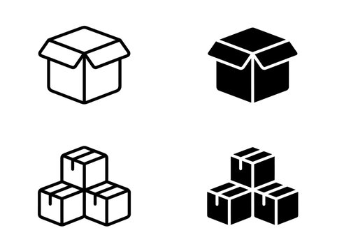 Set of parcel package box and stack of delivery cartons icons