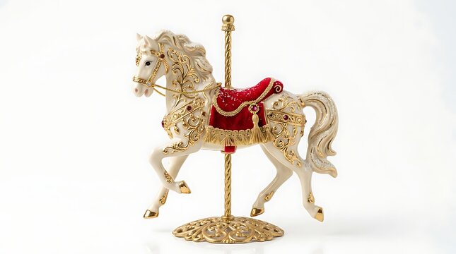 Elegant ornate carousel horse figurine with red velvet saddle isolated on white background