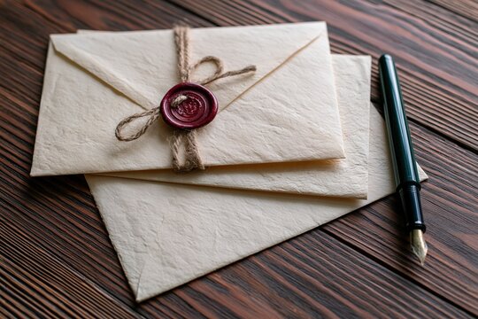 The Sealed Envelope on a Wooden Desk with Wax Seal and Pen