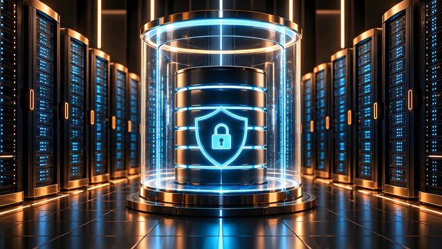 Secure database storage concept showing an encrypted server cylinder enclosed in glass with a glowing padlock shield in a datacenter