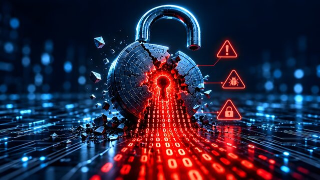 Cyber security breach with shattered padlock and exposed binary code data leak warning