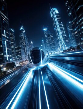 Futuristic hyperloop train speeds through modern metropolis at night. Sleek white pod travels on high tech maglev track between glowing skyscrapers. Fast motion blur shows rapid urban transit,