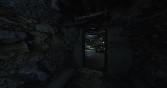 gloomy mechanical pump station in cavern, heavy pipes and gauges surrounded by rock face and dim emergency lights pressure dials, corroded bolts and oily