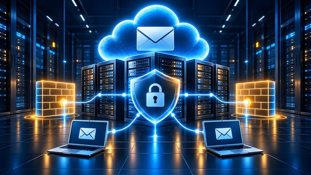 Secure cloud server infrastructure with glowing padlock shield firewall protection and encrypted email network communication.