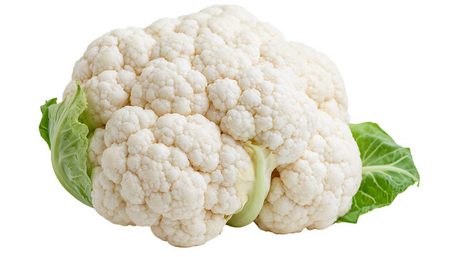 Fresh whole white cauliflower head with vibrant green leaves