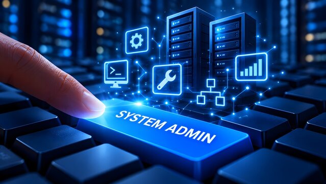 System administrator controlling server infrastructure and network configurations through a glowing futuristic keyboard interface with digital holographic management tools.