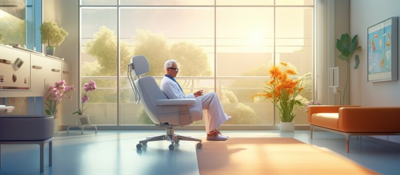 A person in a white coat relaxes in a modern office chair by a large window with a view of nature.