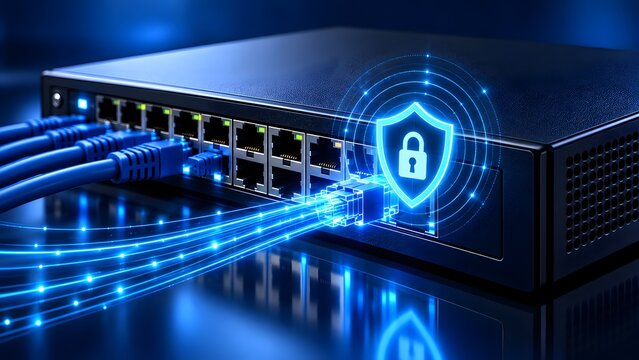 Glowing data stream passing through an ethernet cable into a network switch protected by a holographic cybersecurity shield symbolizing secure digital communications.