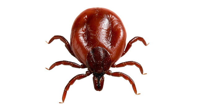 Engorged brown tick parasite with eight legs and shiny exoskeleton