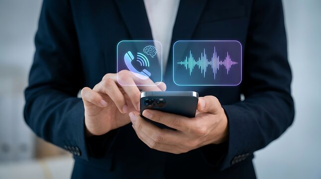 Hand interacting with a modern smartphone displaying futuristic voice command and machine learning holograms