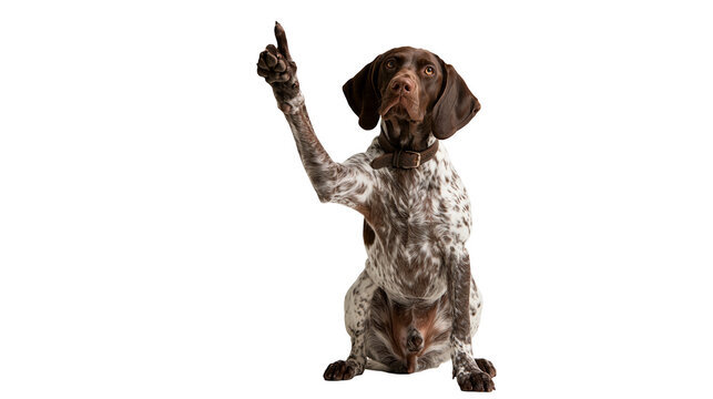 German Shorthaired Pointer dog sitting with one paw raised pointing upwards