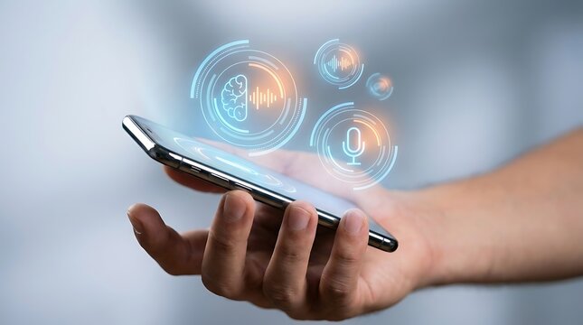 Person holding a smartphone with futuristic artificial intelligence voice recognition and neural network interface holograms