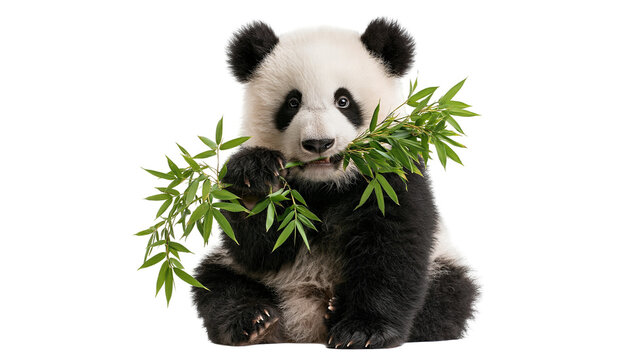 Giant panda cub sitting and eating a fresh green bamboo branch