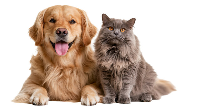 Golden Retriever dog and fluffy grey British Longhair cat sitting together