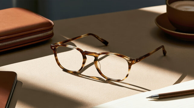 stylish tortoiseshell eyeglasses on modern office desk with leather notebook pen and cup of coffee bathed in warm natural side lighting for professional eyewear and workspace concept photography