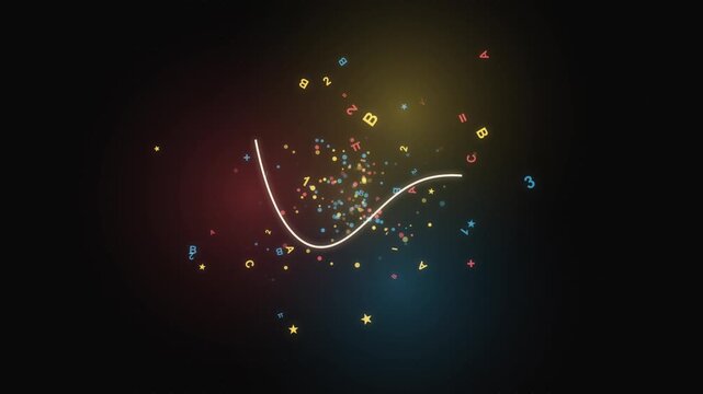 Floating mathematical symbols and colorful letters flying on a dark educational background