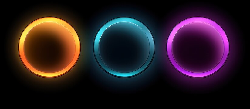 Three glowing orbs of light in orange, blue, and purple on a black background.