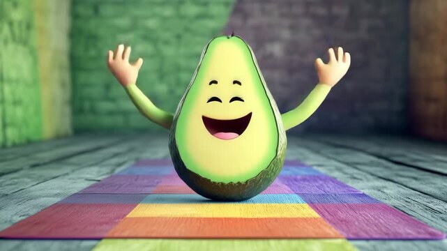A cartoon avocado is dancing joyfully on a colorful mat in a bright room with vivid walls
