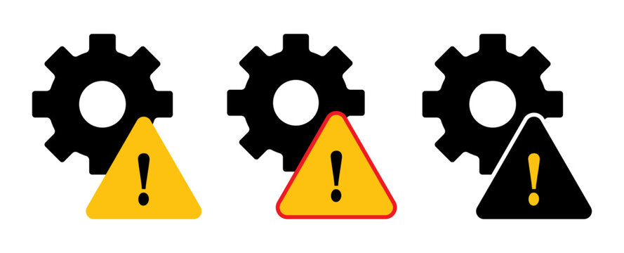 Gear warning icon set with machinery, hazard, caution, safety and maintenance symbols for industrial equipment, engineering, manufacturing and technical signage.