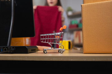 Miniature shopping cart on a desk with a woman showing a red fabric in the background. © Oil And Den