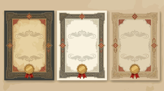 Vintage certificate frames with ornate borders and gold seals