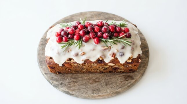 A delicious loaf of fruit and nut cake topped with white icing, fresh cranberries, and rosemary sprigs, presented on a rustic wooden board