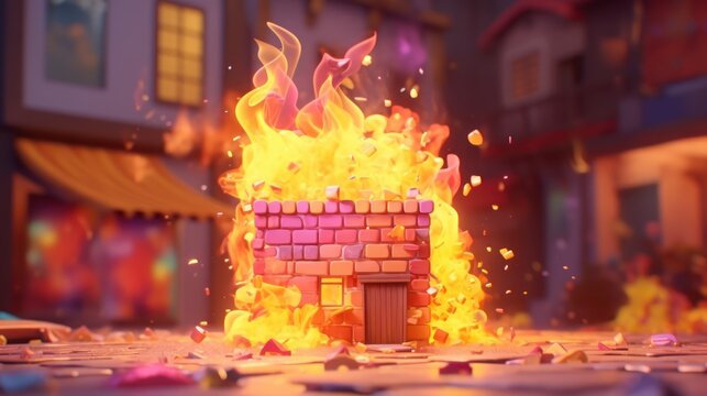 A Small Brick House Engulfed in Intense Flames and Smoke.