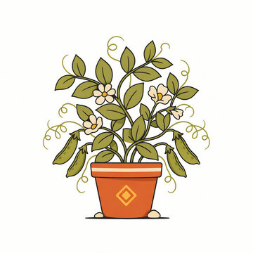 Whimsical hand-drawn illustration of a climbing plant with green pods and delicate white flowers in a terracotta pot, soft pastel green and beige color palette, flat artistic style, perfect for botani
