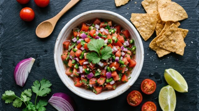 Fresh homemade pico de gallo salsa in a bowl with tortilla chips and ingredients