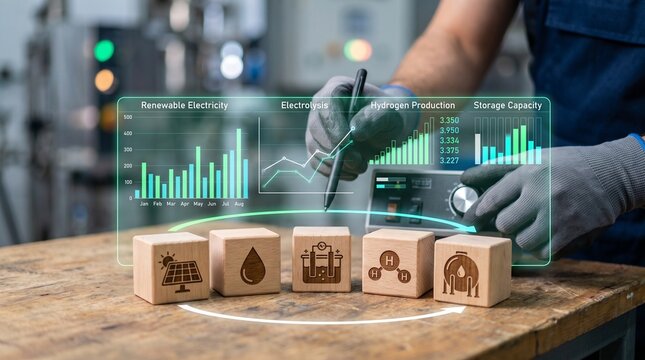 Industrial worker in protective gloves uses a digital stylus to adjust complex holographic data charts featuring solar energy electrolysis hydrogen production and storage capacity metrics