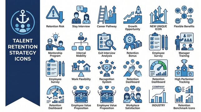 Talent Retention Strategy Flat Vector Icon Set &ndash; Employee Engagement, HR and Workforce Growth