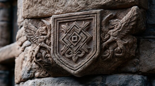 Ancient Stone Carving: A weathered stone carving of a coat of arms, featuring mythical griffins flanking a central shield with intricate geometric patterns, weathered and worn by time and history.