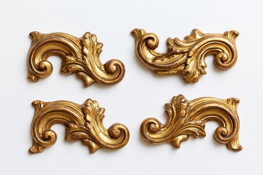 The ornate gilded Rococo scroll ornaments for antique interior decor