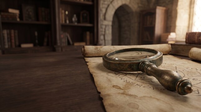 Vintage brass magnifying glass resting on top of an ancient handwritten parchment scroll with mysterious symbols inside library