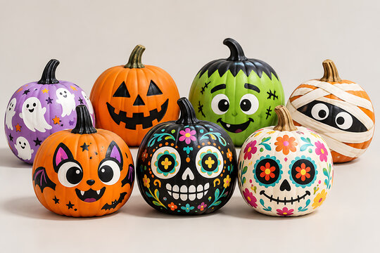 Colorful Painted Halloween Pumpkins with Decorative Faces and Outdoor Autumn Decorations