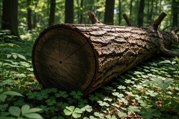 Obraz premium Large fallen tree log lies on forest floor among green clover plants. Old wooden trunk rests on mossy ground in woodland. Natural texture of bark, wood rings visible in sunny timber woodland