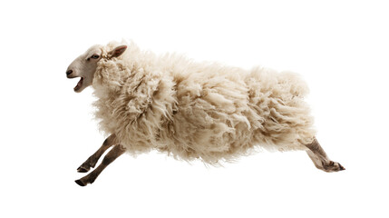 Fluffy white sheep jumping with mouth open showing thick wool texture © Natalia