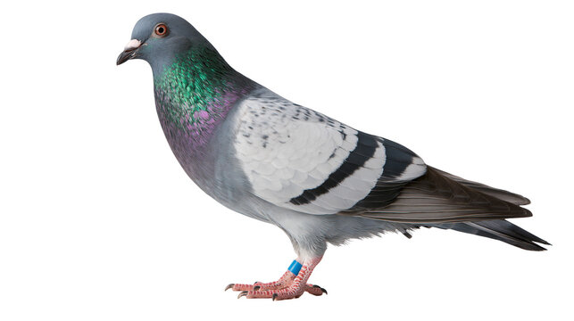 Grey racing pigeon with iridescent neck feathers and blue leg identification band