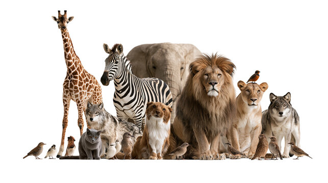 Group of diverse wild animals including giraffe zebra elephant lion and wolf