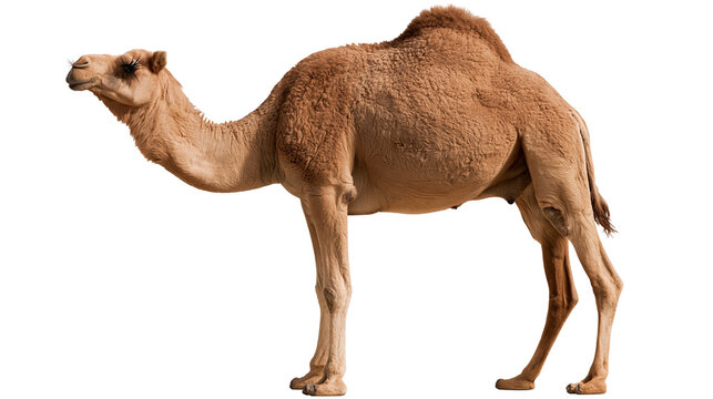 Full body side view of a brown dromedary camel with long eyelashes