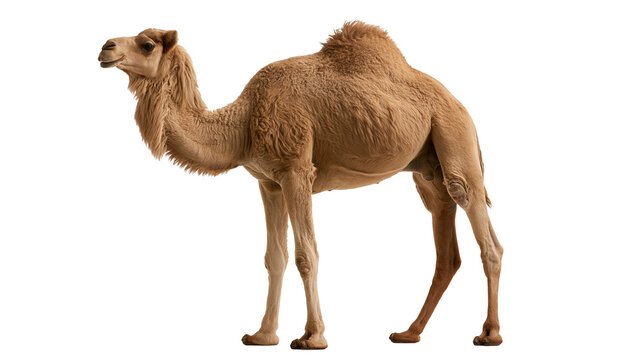 Full body side view of a brown dromedary camel standing