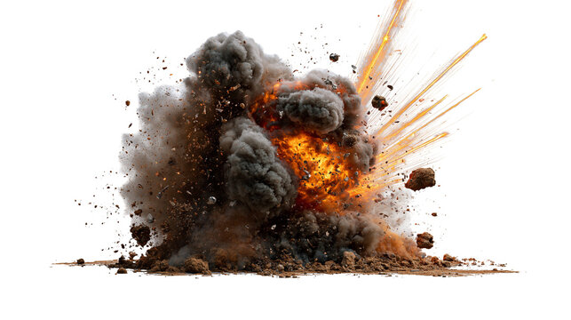 Massive fiery explosion with dark smoke and flying debris