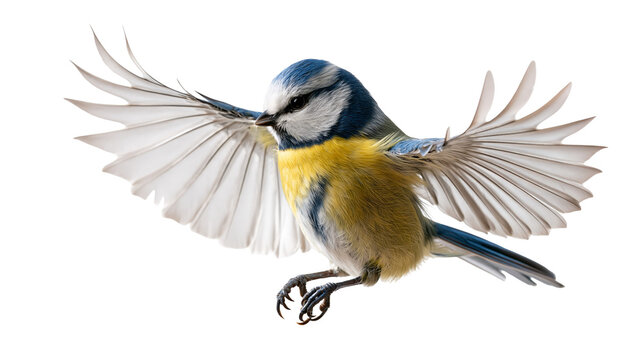 Eurasian blue tit bird with spread wings in flight