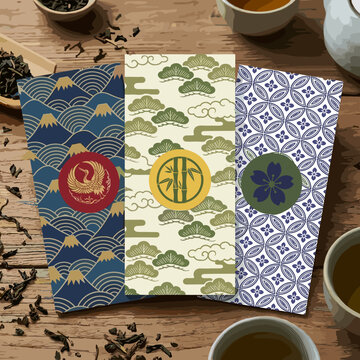 Japanese tea packaging design with traditional patterns vector
