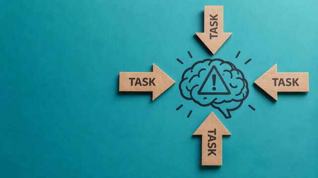 Four wooden arrows labeled task pointing at a brain icon with a warning sign on teal background illustrating mental overload, work stress, burnout, and multitasking pressure