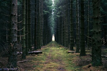 Fototapeta premium The Forest Path Between Tall Pines Forming a Natural Tunnel