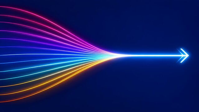 Colorful glowing neon light streams converging into a single bright forward arrow on dark blue background symbolizing synergy, data integration, and unified strategy