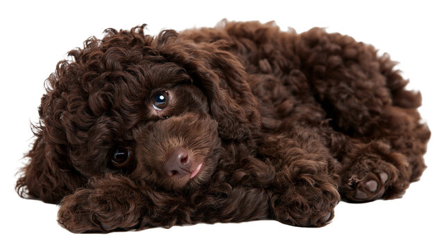 Cute fluffy brown curly haired puppy lying down looking up