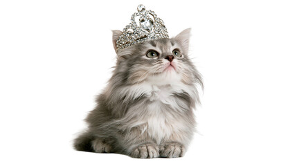 Fluffy grey tabby kitten wearing a sparkling silver rhinestone princess crown © Natalia