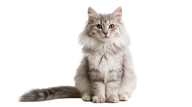 Fluffy long-haired grey tabby cat sitting and looking forward